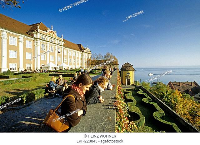 People at the castle terrace with view at Lake Constance, Meersburg, Lake Constance, Baden Wurttemberg, Germany