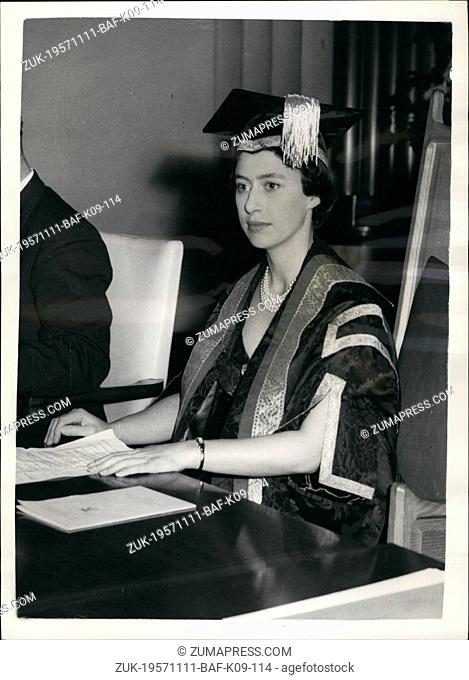 Nov. 11, 1957 - Princess Margaret Presides Over Meeting Of University College Of North Staffordshire. H.R.H. Princess Margaret seated in the President's chair...