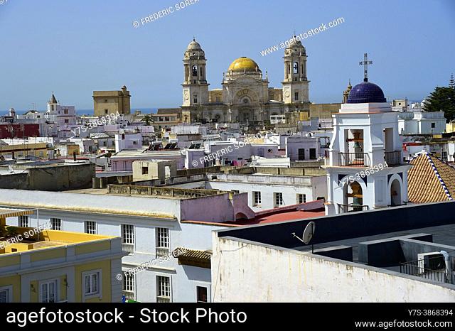 Aerial panoramic view of the old city rooftops from tower Tavira in Cadiz, Andalusia, Spain