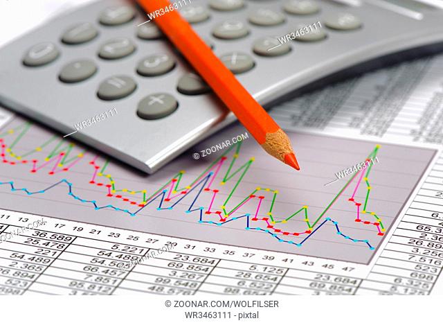calculator and pencil laying on financial business chart