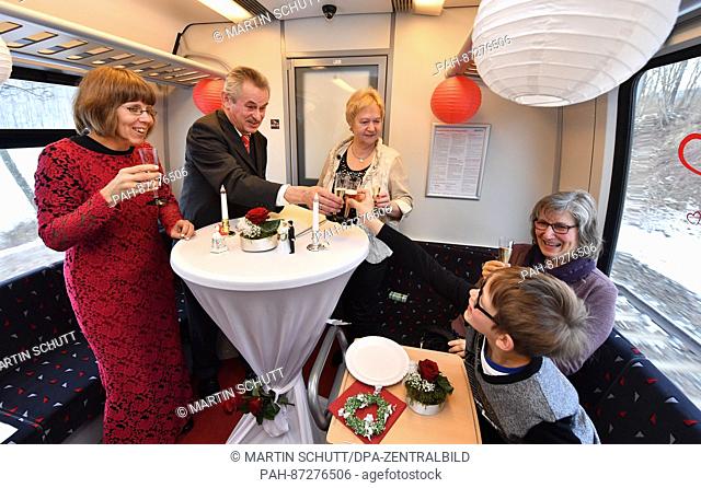 Julia (L) and Juergen Reinhardt (2-L) sit in a regional train shortly after concluding an official wedding ceremony in the train near Weimar, Germany