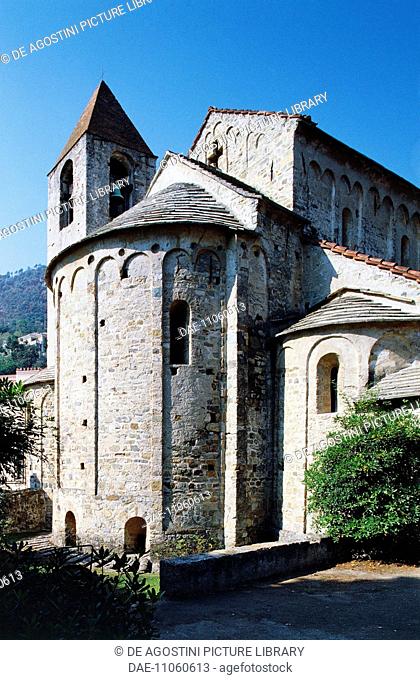 Apse and bell tower of the Church of San Paragorio, 12th century, Noli, Liguria, Italy