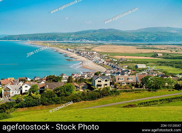 Near Aberystwyth, Ceredigion, Wales, UK - May 25, 2017 View over the Welsh coastline towards Borth