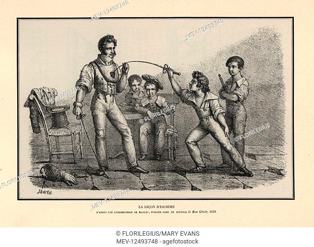 Boys learning to fence with a fencing master in breastplate holding an epee. From the fencing lesson by Jean-Henri Marlet in le Bon Genie, 1829
