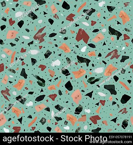Colorful terrazzo flooring seamless pattern with realistic color stones and rocks on blue background. Traditional stone material tile illustration
