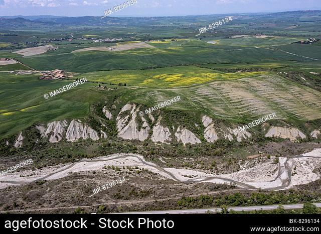Aerial view, landscape in Val D'Orcia, Torrente Formone, Tuscany, Italy, Europe