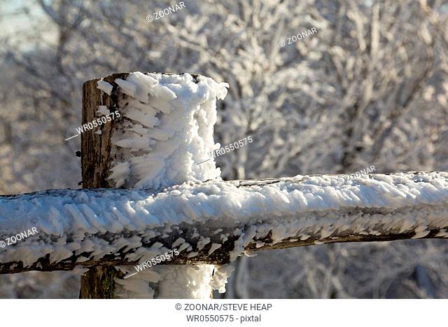 Frozen snow on wooden fencing