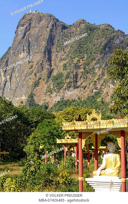 Hpa-An, Lumbini Garden, Buddha images, mountain mount Mt Zwegabin, Kayin (Karen) State, Myanmar (Burma)