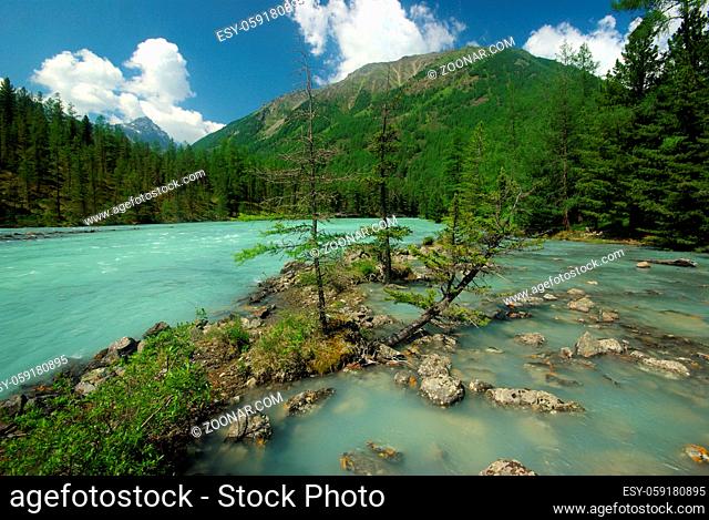 The mountain river in the mountains. Current through the gorge the river. Stones and rocky land near the river. Beautiful mountain landscape