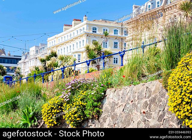 Colorful flowers in front of the buildings along the seaside in Eastbourne, Sussex, United Kingdom