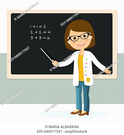 Young female teacher on math lesson at blackboard in classroom. Teacher with pointer, teacher showing on board. Vector illustration