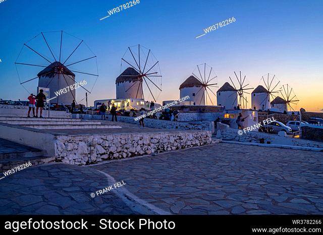 View of the windmills in Mykonos Town at dusk, Mykonos, Cyclades Islands, Greek Islands, Aegean Sea, Greece, Europe