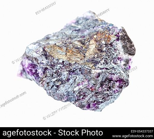 closeup of sample of natural mineral from geological collection - Stibnite (Antimonite) ore with Amethyst quartz isolated on white background