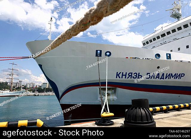 RUSSIA, SOCHI - JUNE 29, 2023: The Knyaz Vladimir cruise ship heading to Sukhum is moored the port of Sochi on Russia's Black Sea coast before heading to Sukhum