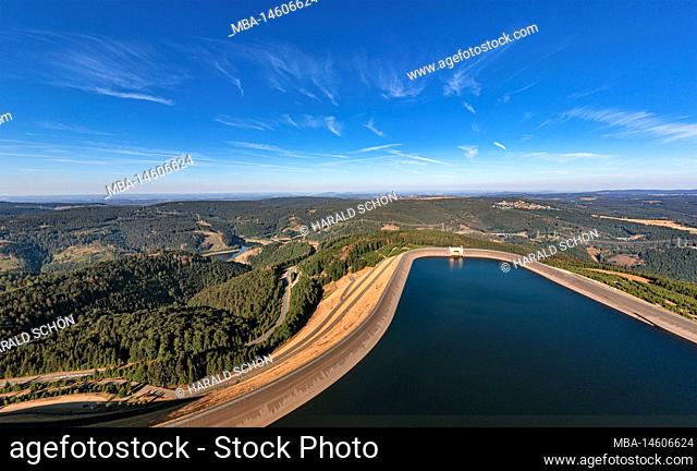 Germany, Thuringia, Goldisthal, upper basin, largest pumped storage power plant in Germany, forest, mountains, overview, aerial view, panoramic photo