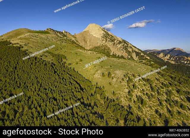 Pedraforca northwest face aerial view in a spring afternoon over Gósol Valley (Barcelona province, Catalonia, Spain, Pyrenees)