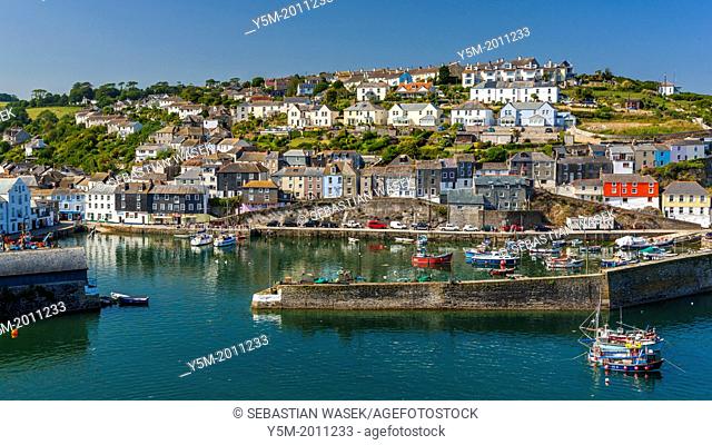 Houses on headland surrounding the old fishing port, Mevagissey, Cornwall, England, UK, Europe