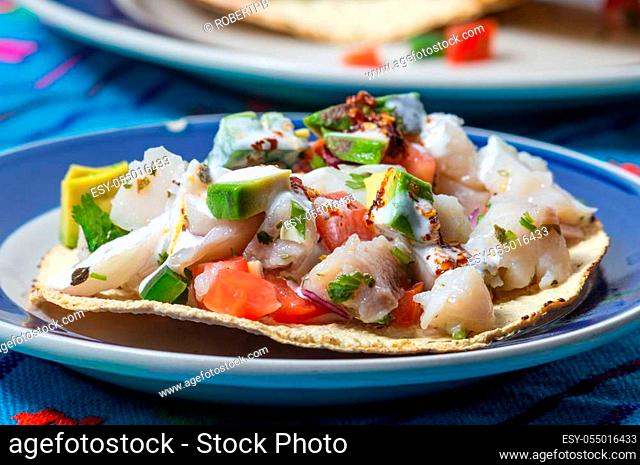 Fish ceviche, Mexican food from Peruvian origin. Raw fish marinated in lime juice with raw onion, tomato, jalapeno pepper, avocado and herbs