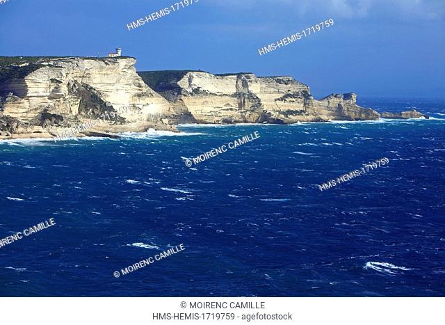 France, Corse du Sud, Bonifacio, limestone cliffs and Cape Town and semaphore Pertusato