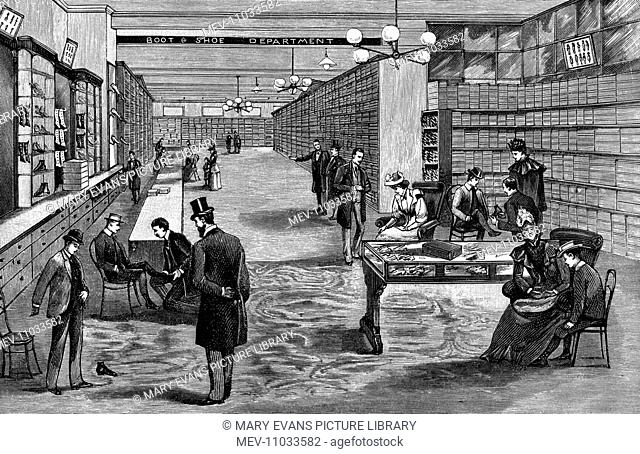 View of the first basement (boot and shoe department) of Our Boys Clothing Company, 26 Holborn Viaduct