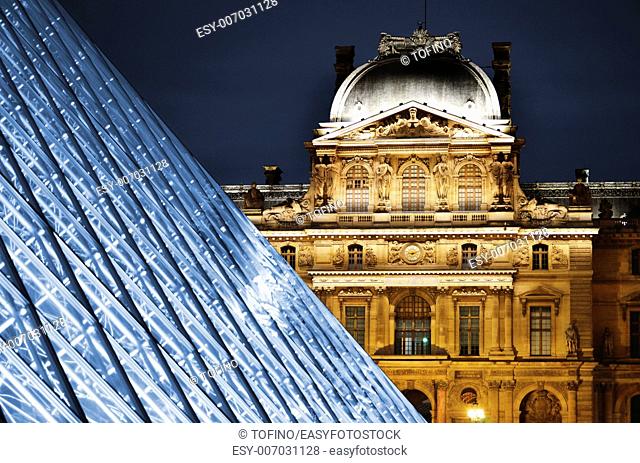 Louvre Museum in Paris, France by night