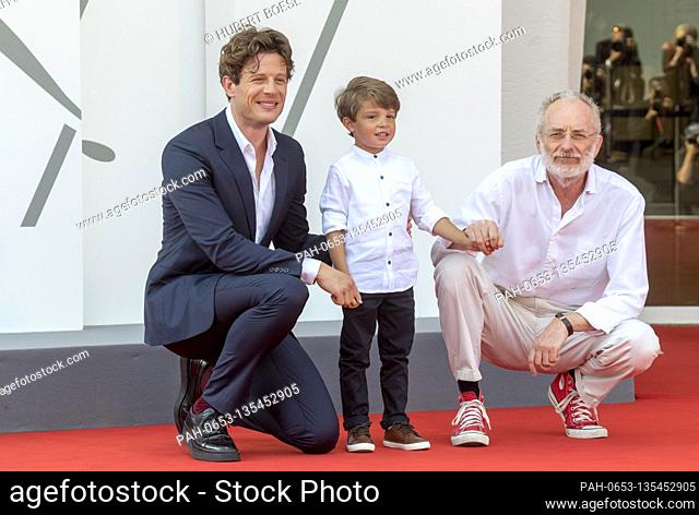 James Norton (l-r), Michael Lamont and Uberto Pasolini attend the premiere of 'Nowhere Special' during the 77th Venice Film Festival at Palazzo del Cinema on...