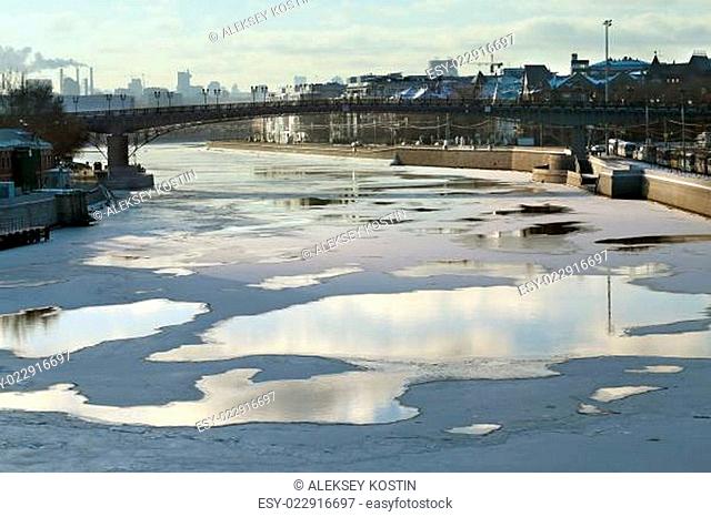 Ice floating on the river in winter