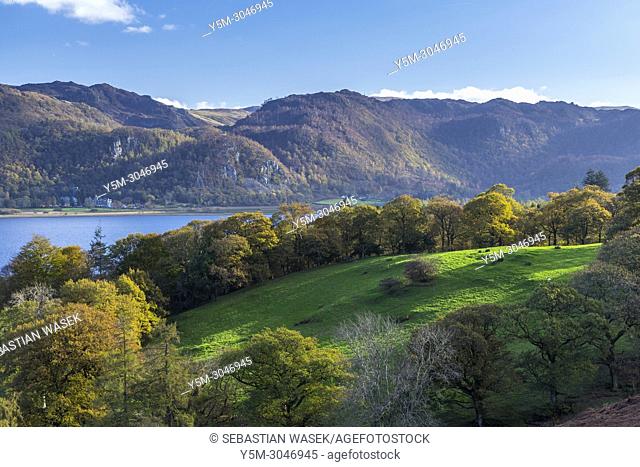 View across Derwent Water towards east, Lake District National Park, Cumbria, England, United Kingdom, Europe