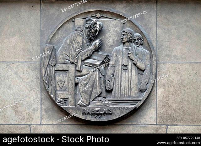 Francois Rabelais, French Renaissance writer, physician, Renaissance humanist, monk and Greek scholar. Stone relief at the building of the Faculte de Medecine...