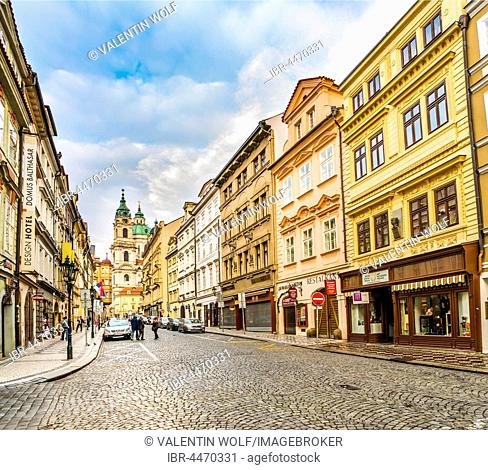 View of street, historic centre of Prague, St. Nicholas Church, Kostel sv. Mikuláše, Prague, Bohemia, Czech Republic