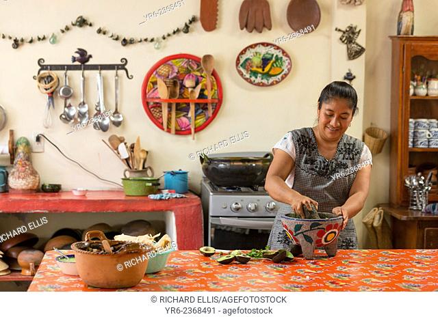 Oaxacan chef Reyna Mendoza Ru’z of El Sabor Zapoteco Cooking School hand makes traditional food in her kitchen in Teotitlan, Mexico