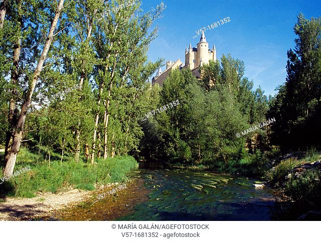 The Alcazar from Eresma valley. Segovia, Castilla Leon, Spain