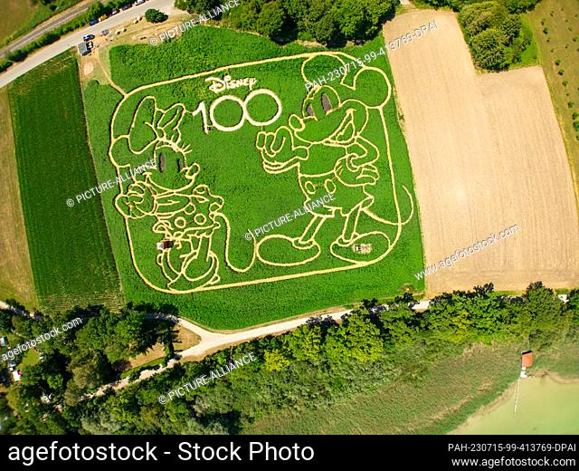 15 July 2023, Bavaria, Utting am Ammersee: The aerial view shows an elaborately designed plant field not far from the Ammersee lake in Upper Bavaria