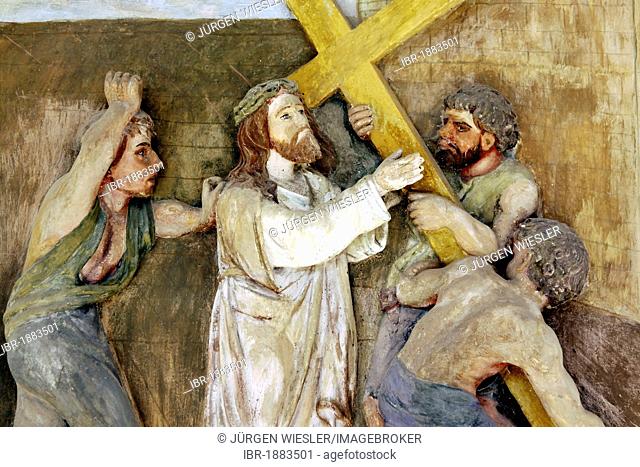 Fresco of the Stations of the Cross, portico of the pilgrimage church ofSacro Monte della Santissima Trinita di Ghiffa in Ghiffa on Lake Maggiore, Piedmont