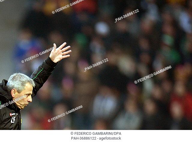 Moenchengladbach's head coach Lucien Favre gestures during the Bundesliga soccer match between Borussia Moenchengladbach and Bayer Leverkusen at Borussia-Park...