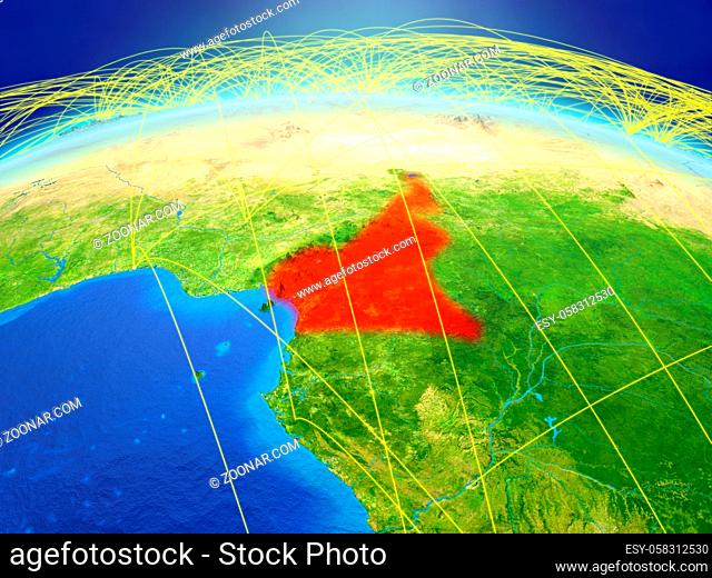 Cameroon on planet Earth with international network representing communication, travel and connections. 3D illustration. Elements of this image furnished by...