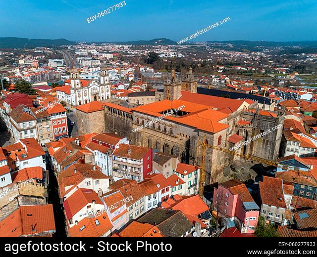 Aerial top view of old historic town Viseu with church and Cathedral, Portugal