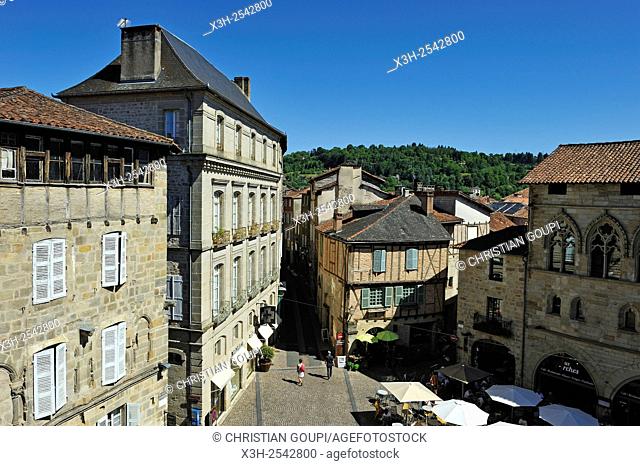 Champollion square, city of Figeac, Lot department, region of Midi-Pyrenees, southwest of France, Europe