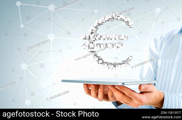 Hand of businessman showing tablet pc with euro currency sign