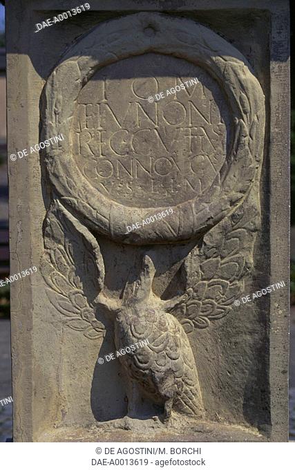 Epigraph with eagle and oak crown, Viergoetterstein (four-god stone), detail of the Jupiter Column (replica), Hausen an der Zaber, Brackenheim