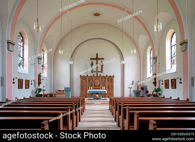 SCHMALLENBERG, GERMANY - JUNE 11, 2020: View throught the main aisle of the parish church Saint Michael on June 11, 2020 in Schmallenberg, Germany