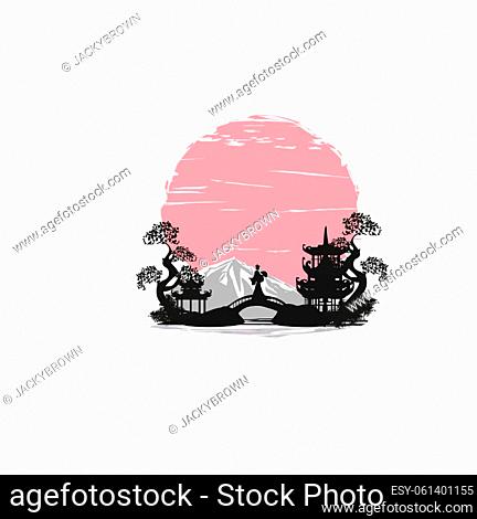 abstract Asian Landscape and beautiful Asian girl - isolated banner