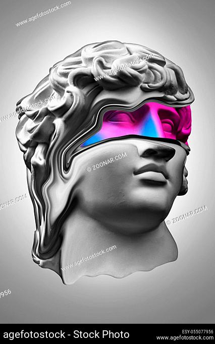 Collage with plaster antique sculpture of human face in a pop art style. Creative concept colorful neon image with ancient statue head