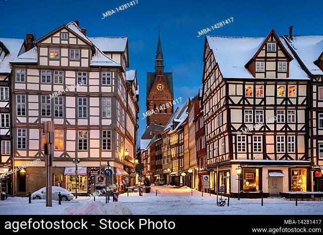 Marktkirche and old town in Hannover, Germany during winter