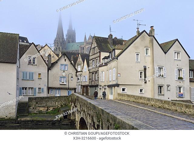 pont Bouju et rue du Bourg avec la Cathedrale de Chartres en arriere-plan, Eure-et-Loir, region Centre, France, Europe/Bouju bridge and Bourg street with the...