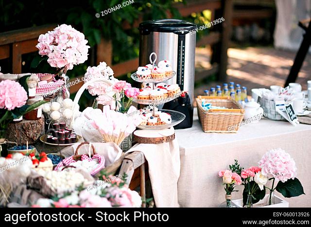 Dessert table for a party. Ombre cake, cupcakes, sweetness and flowers