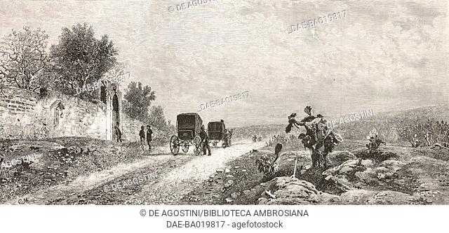 A hot day in Sicily, carriages along a country road, engraving based on a painting by Francesco Lojacono (1838-1915), from L'Illustrazione Italiana, No 28