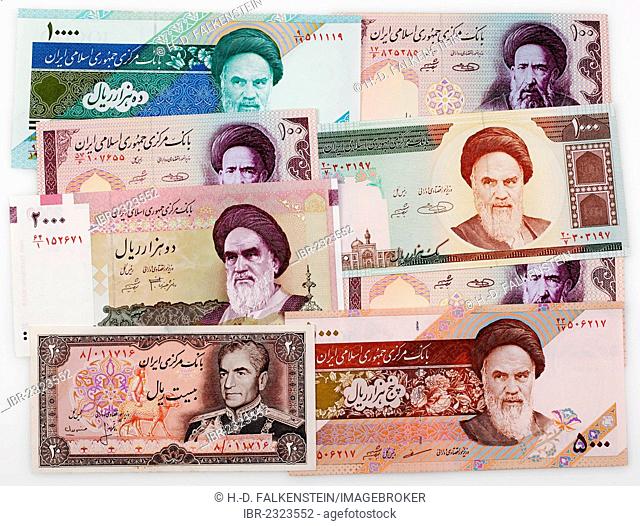 Various historic bank notes from Iran with portraits of Shah Mohammad Reza Pahlavi and Ruhollah Khomeini