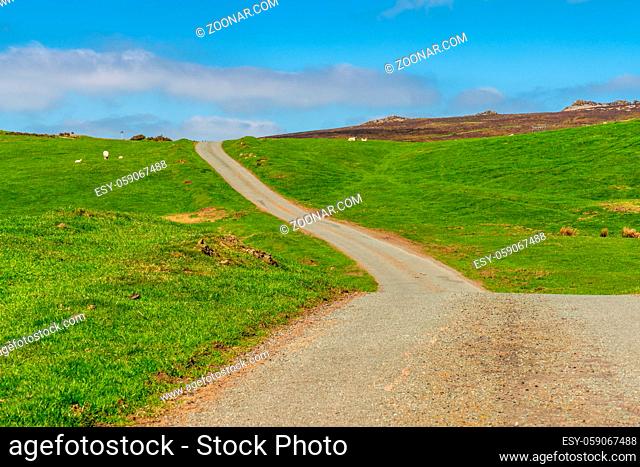 A rural road across the Shropshire landscape at the Stiperstones National Nature Reserve, England, UK