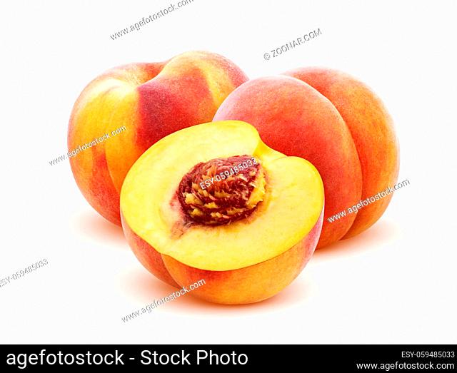 Peach isolated on white background, ripe whole and sliced peaches with clipping path